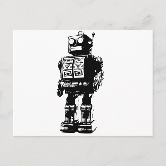 Black and White Vintage Robot Postcard (Front)