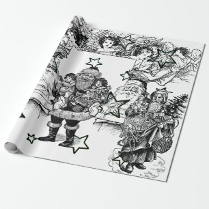 BLACK AND WHITE VINTAGE SANTA CHRISTMAS WRAPPING WRAPPING PAPER