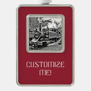 Black and White Vintage Steam Train Engine Silver Plated Framed Ornament