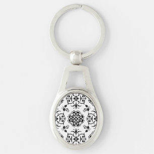 Black and White Vintage Style Damask Pattern Key Ring