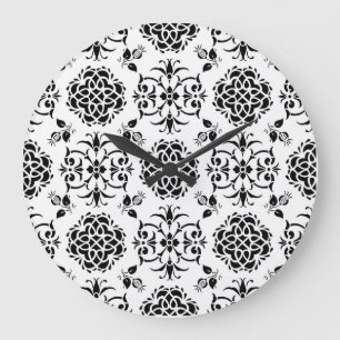 Black and White Vintage Style Floral Damask Large Clock