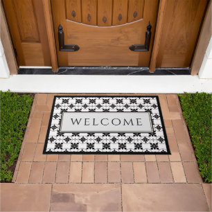 Black and White Vintage Tile Design Welcome Doormat