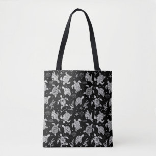 black and white vintage turtle pattern tote bag