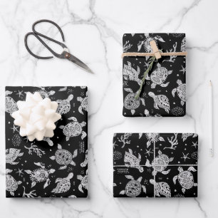 black and white vintage turtle pattern wrapping paper sheet