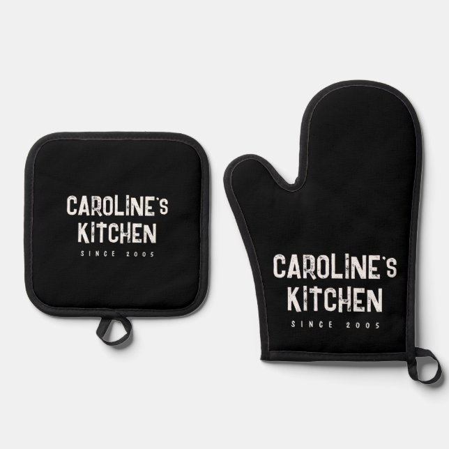 Black and White Vintage Typography Oven Mitt & Pot Holder Set (Front)