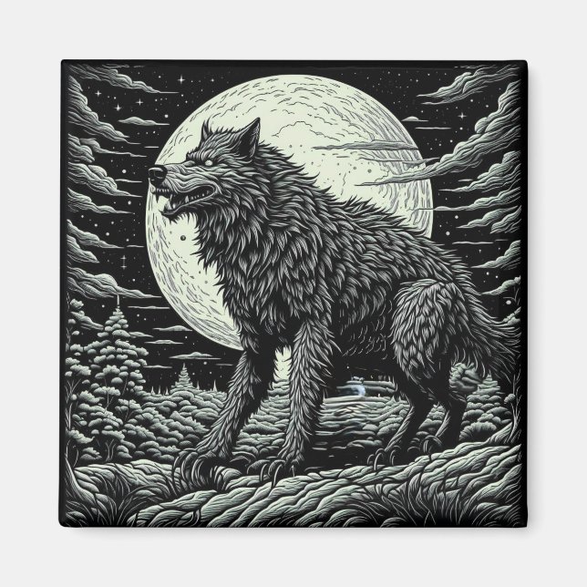 Black and white Vintage Werewolf Ai Art Magnet (Front)