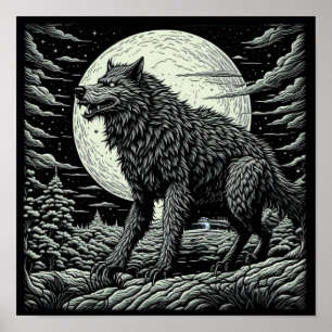 Black and white Vintage Werewolf Ai Art Poster