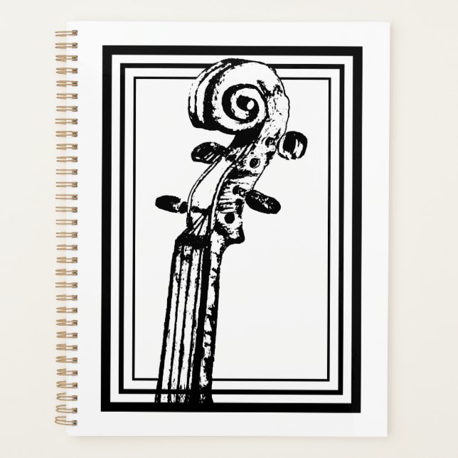 Black and White Violin Scroll with Black Outlines Planner (Front)
