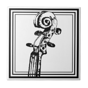 Black and White Violin Scroll with Black Outlines Tile