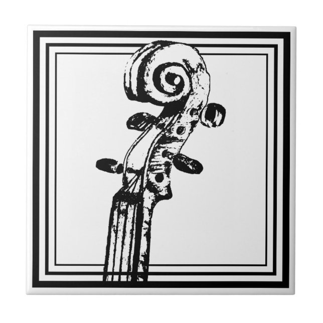 Black and White Violin Scroll with Black Outlines Tile (Front)