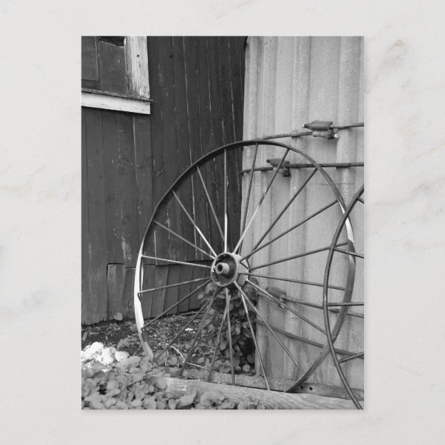 Black and White Wagon Wheel and Silo Postcard (Front)
