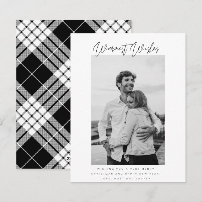 Black and White Warmest Wishes Photo Christmas  Holiday Card (Front/Back)