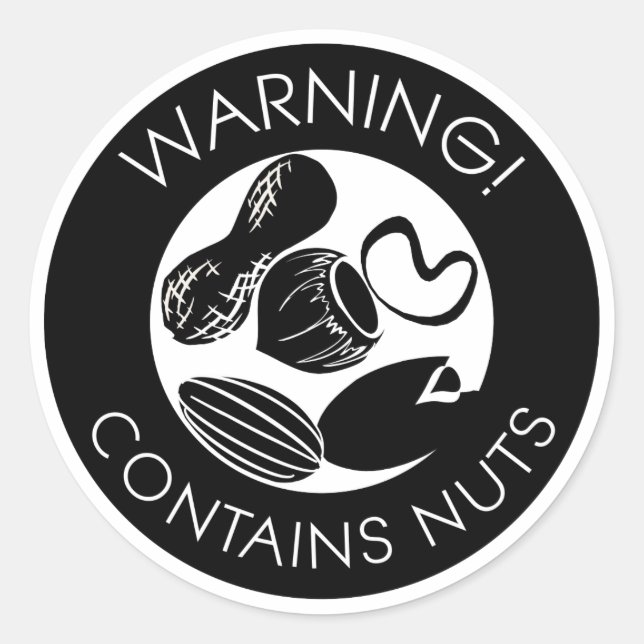 Black and White Warning Contains Nuts Symbol Classic Round Sticker (Front)