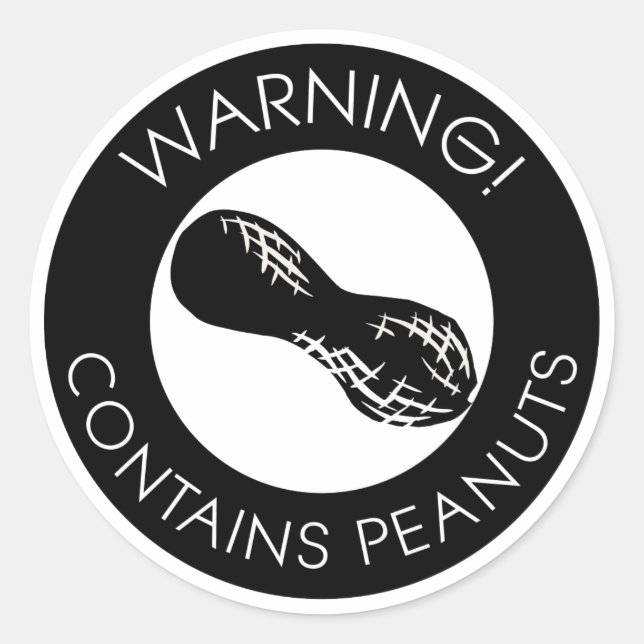 Black and White Warning Contains Peanuts Symbol Classic Round Sticker (Front)