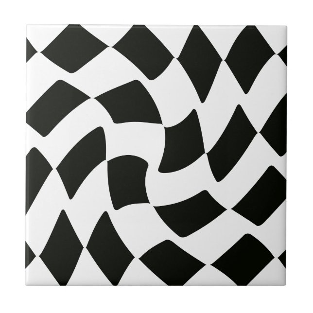 Black and White Warped Chequerboard Tile (Front)