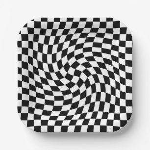 Black and White Warped Chequered Pattern Paper Plate