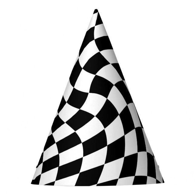 Black and White Warped Chequered Pattern Party Hat (Front)