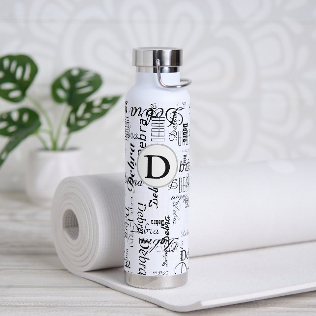 Black and White Water Bottle with Name (Yoga)