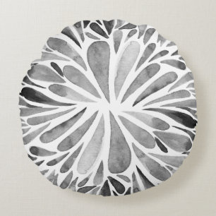 Black and white watercolor abstract floral burst round cushion