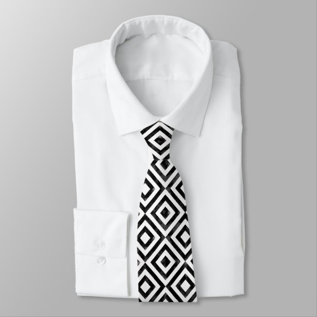 Black and White Watercolor Diamonds Pattern Tie (Tied)