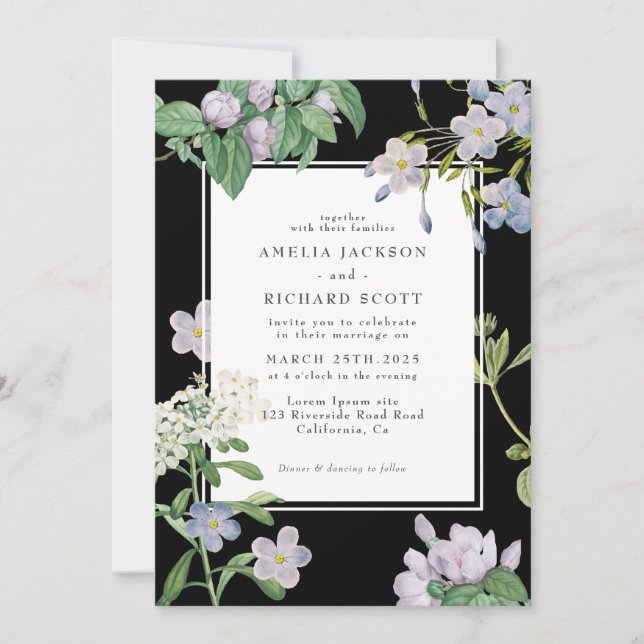 Black and white watercolor floral classic wedding invitation (Front)