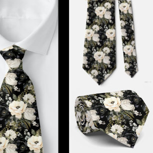 Black and White Watercolor Floral Formal Neck Tie