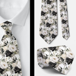 Black and White Watercolor Floral Formal Neck Tie