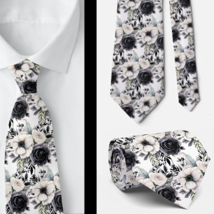Black and White Watercolor Floral Formal Neck Tie