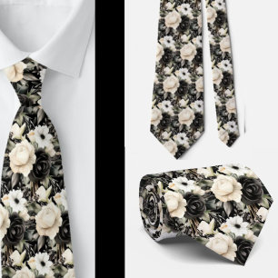 Black and White Watercolor Floral Formal Neck Tie