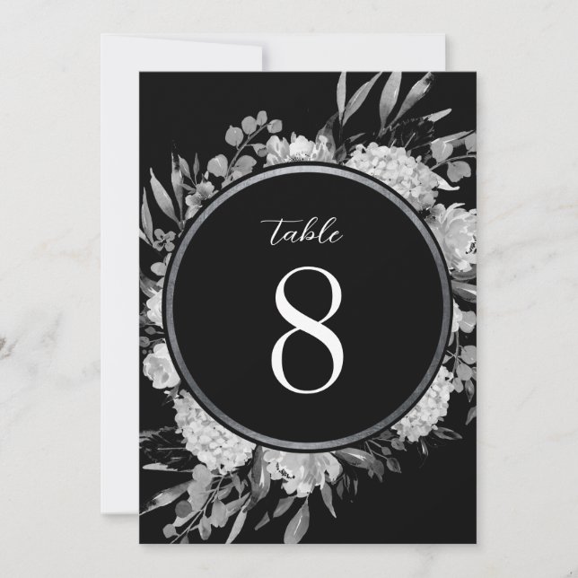 Black and White Watercolor Floral Table Number (Front)