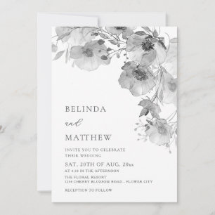 Black And White Watercolor Flowers Casual Wedding Invitation