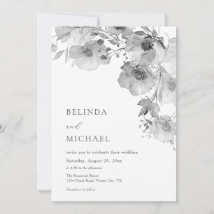 Black And White Watercolor Flowers Casual Wedding Invitation