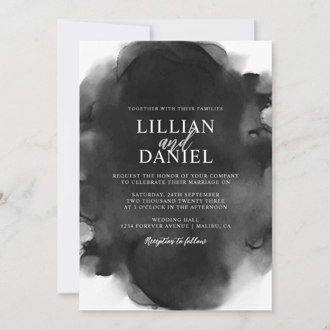 Black and White Watercolor Photo Wedding Invitation (Front)
