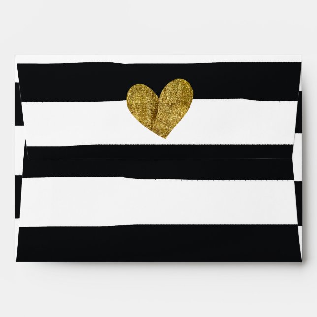 Black and White Watercolor Stripes Gold Heart Envelopes (Back (Top Flap))