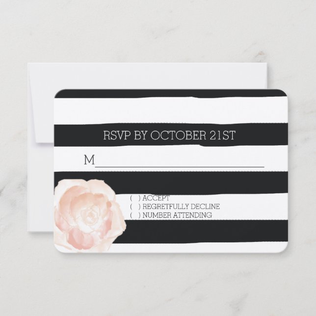 Black and White Watercolor Stripes Rose RSVP Invitation (Front)