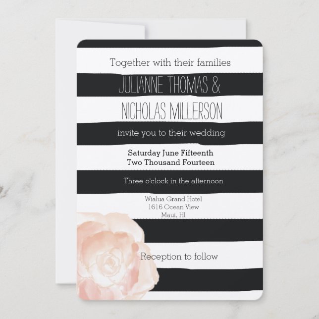 Black and White Watercolor Stripes Rose Wedding Invitation (Front)