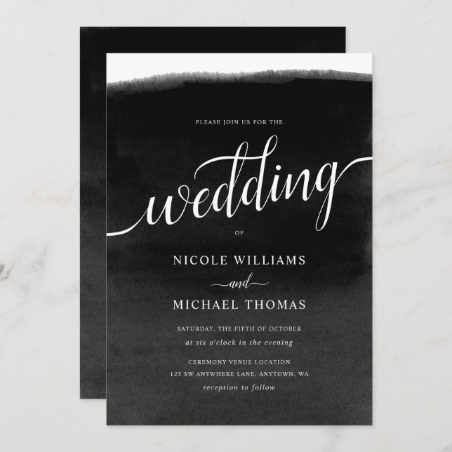 Black and White Watercolor Wedding Invitation (Front/Back)