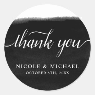Black and White Watercolor Wedding Thank You Classic Round Sticker
