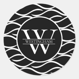 Black and White Wave Pattern Monogram with Name Classic Round Sticker