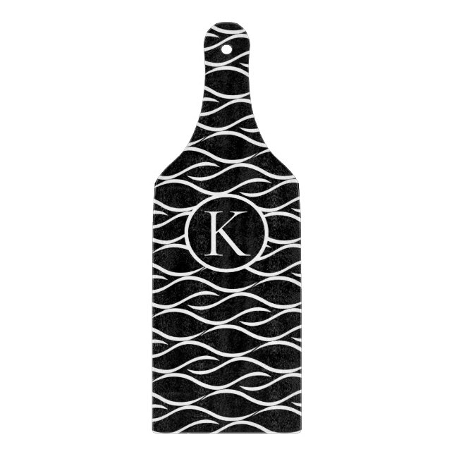 Black and White Wave Pattern with Custom Monogram Cutting Board (Front)