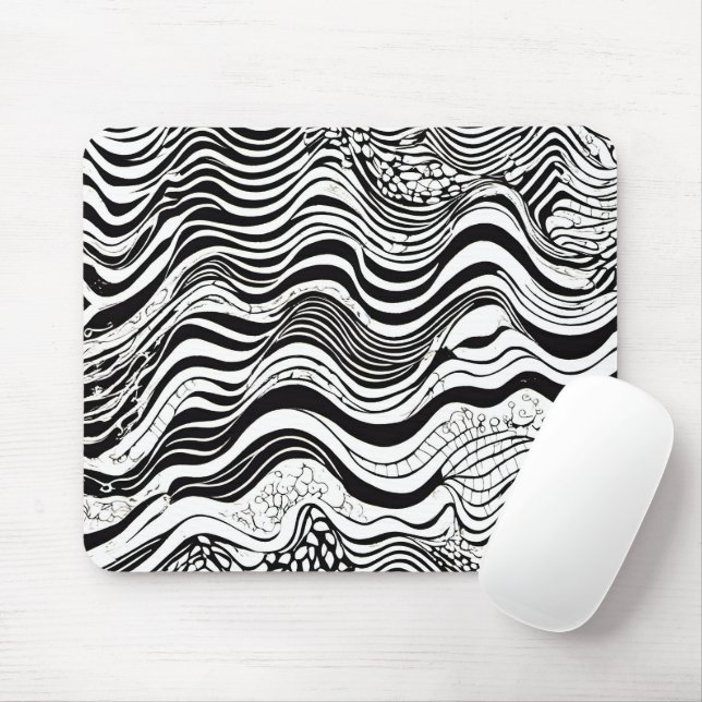 Black and White Wavy Abstract Mouse Mat (With Mouse)
