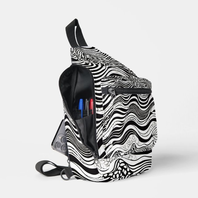 Black and White Wavy Abstract Sling Bag (Open)