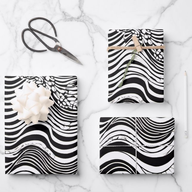 Black and White Wavy Abstract Wrapping Paper Sheet (Front)