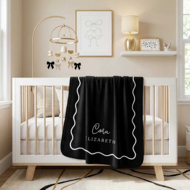 Black and White Wavy Border Monogrammed Sherpa Blanket (Creator Uploaded)