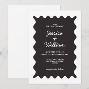 Black and White Wavy Borders Handwritten Wedding Invitation