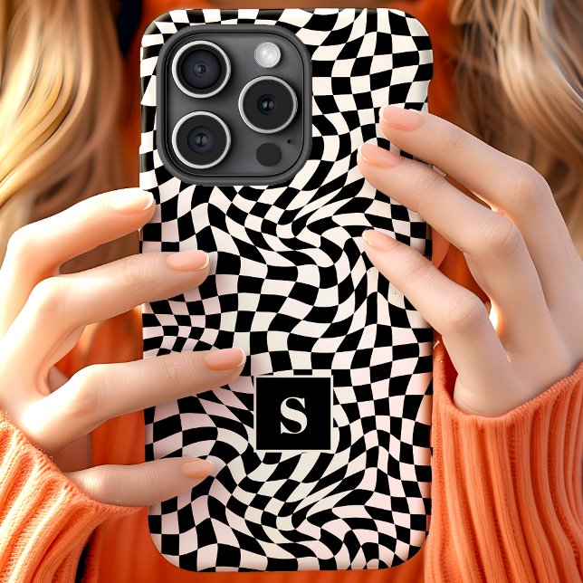 Black and White Wavy Chequered Monogrammed Case-Mate iPhone Case (Creator Uploaded)
