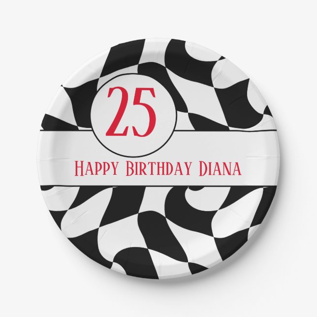 black and white wavy chequered, paper plates (Front)