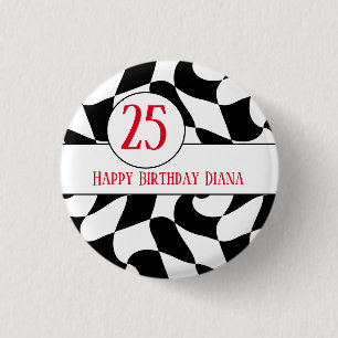 black and white wavy chequered, paper plates 3 cm round badge