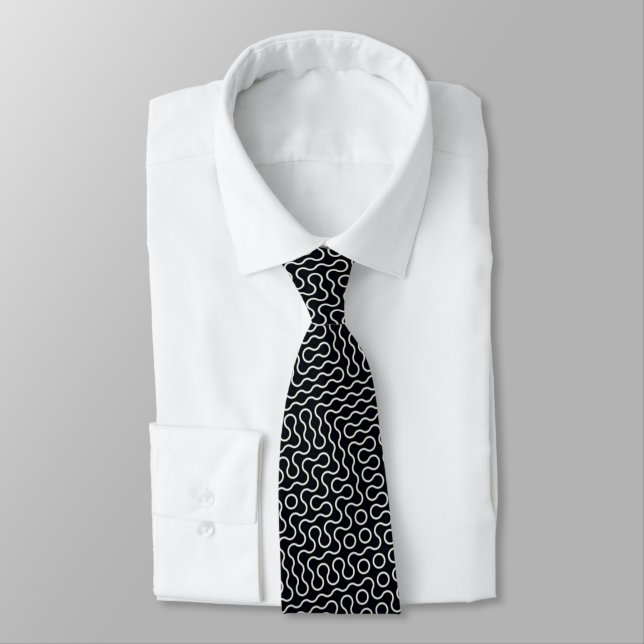 Black and White Wavy Lines Design Tie (Tied)