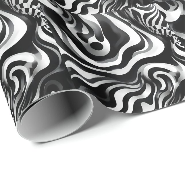 Black And White Wavy Op Art, Wrapping Paper (Roll Corner)
